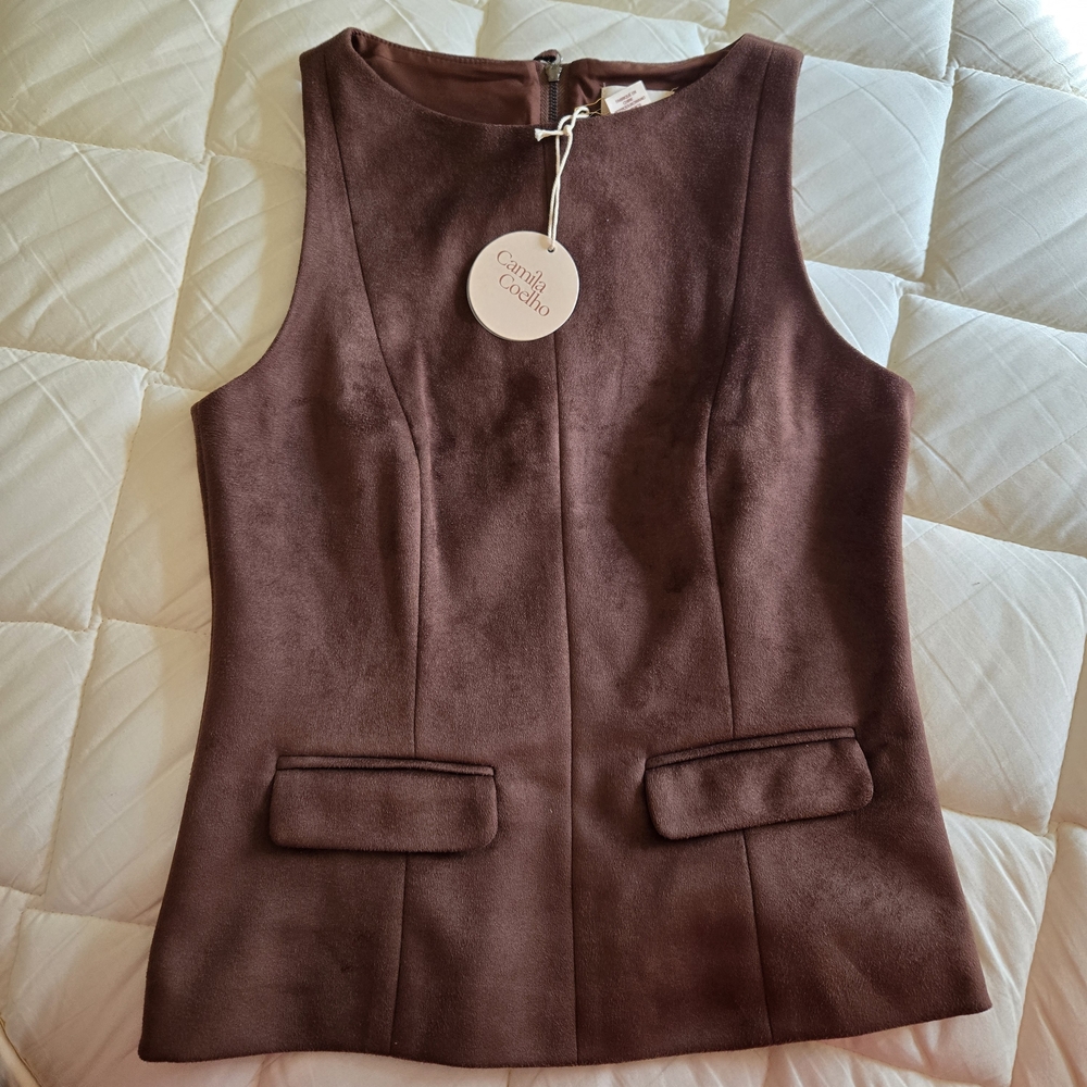 Camila Coelho Chocolate Faux Suede Princess Seam Shape Zipper Top Size 2